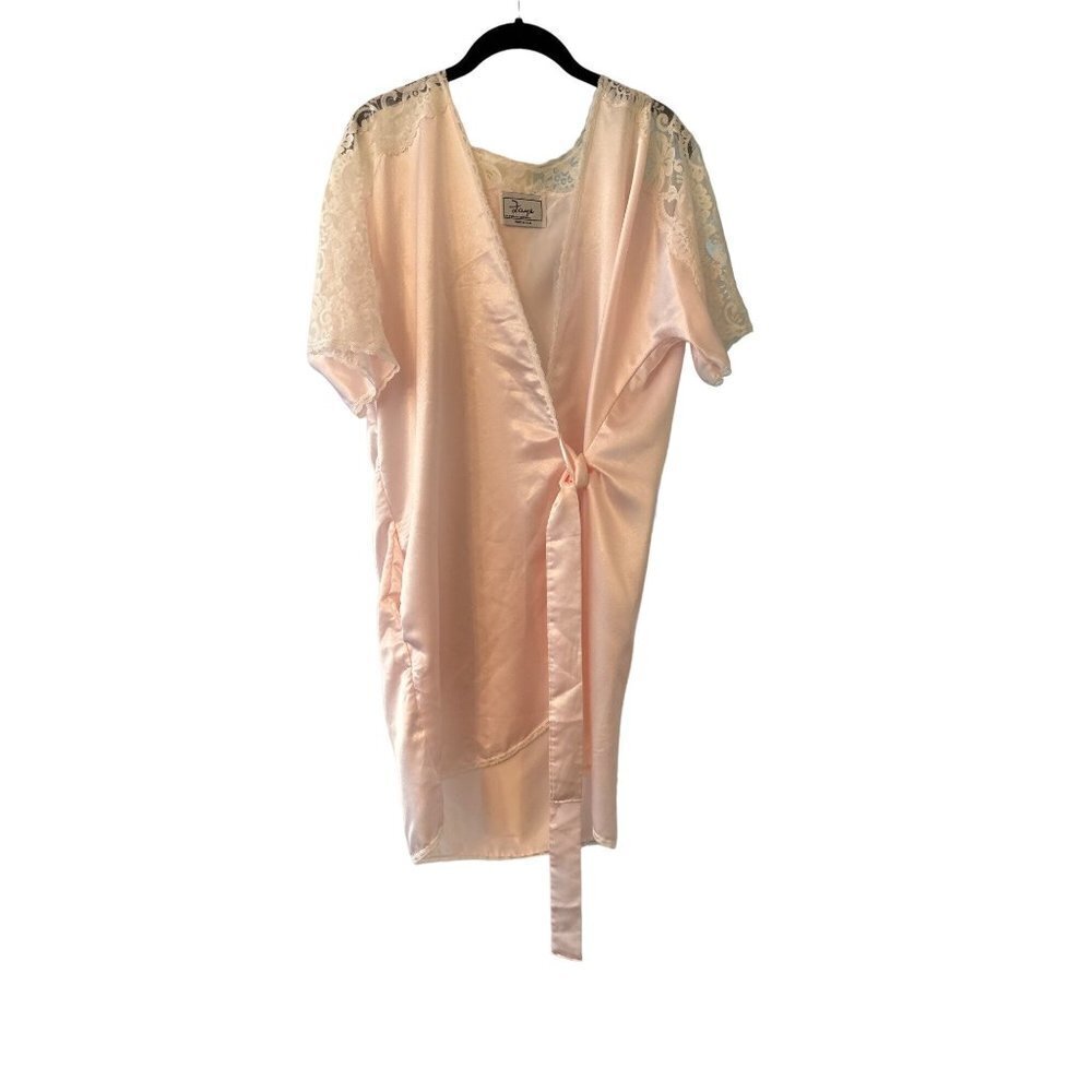 Faye Pink Satin Robe Topper Lace Trim Size Medium Vintage 1980s Made in USA